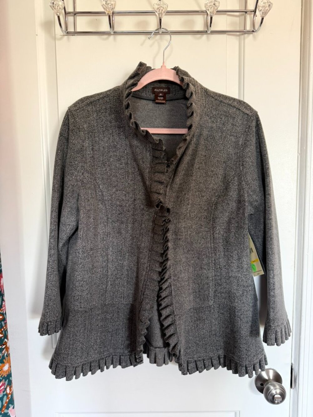 NWT Multiples Grey Knit Cardigan Jacket with Ruffle Trim